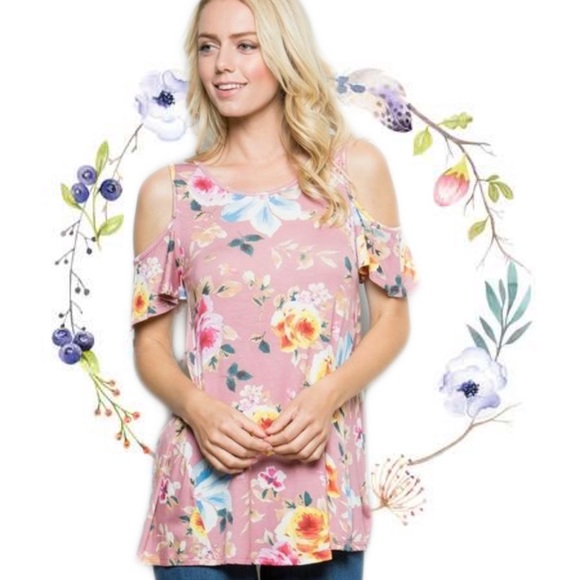 EEB Tops - Boutique Floral Cold Shoulder Tunic Soft Flowy